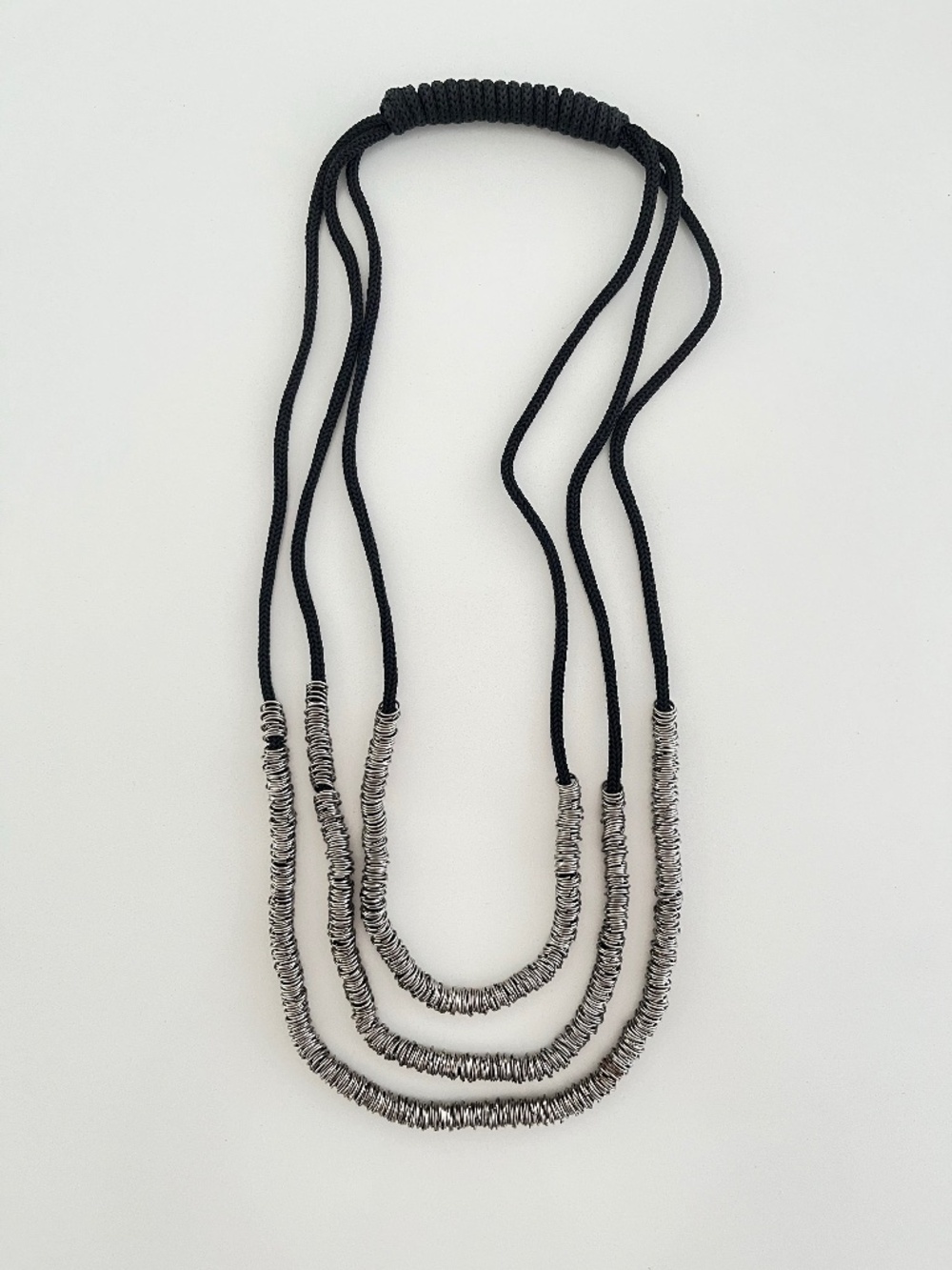 Modern Multi-Strand Black Cord Necklace Silver Ring Accents 16" Drop Length.